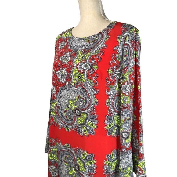 ANTHROPOLOGIE YOANA BARASCHI Paisley Print Shift Dress Long Trumpet Sleeve Large - Picture 2 of 12